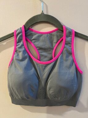 Gray and Pink Seamless Racerback Sports Bra With Inserts